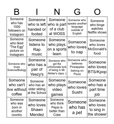 First Day Bingo Card