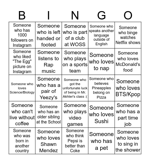 First Day Bingo Card