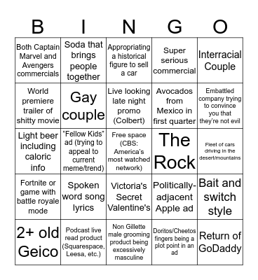 Super Bowl Ad Bingo Card