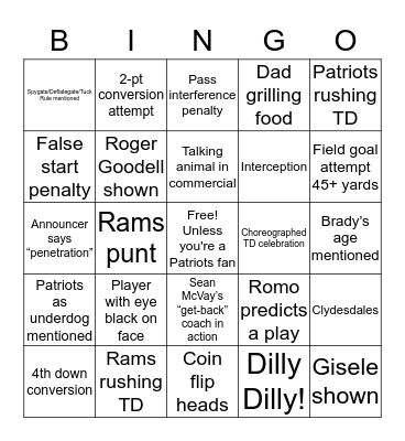 Super Bowl LIII Bingo Card