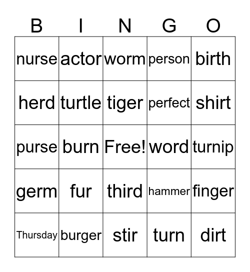 ER - IR - UR - OR BINGO Card