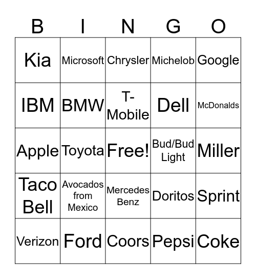 Super Bowl Commericals Bingo Card