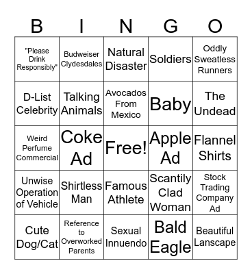 Super Bowl Commercial Bingo Card