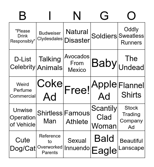 Super Bowl Commercial Bingo Card