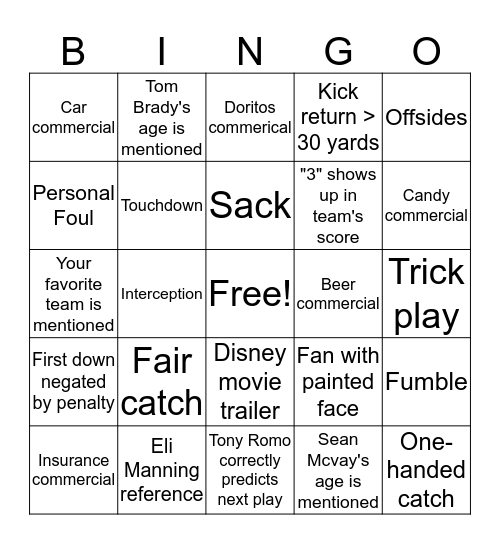 Super Bowl Bingo @ Aaron & Mimi's Bingo Card