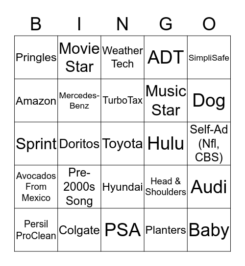 Super Bowl Ads Bingo Card