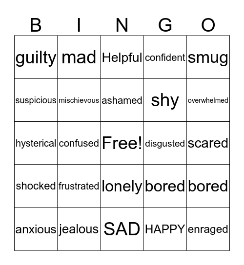 Feelings Bingo Card