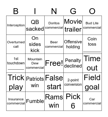 Super Bowl Bingo Card