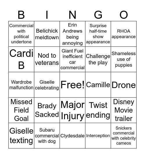 Super Bowl Bingo Card