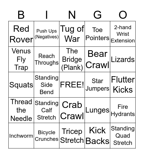 Speed Fitness Bingo Card