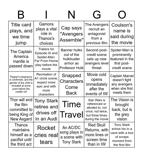 Endgame BINGO Card