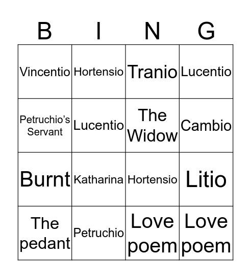 The Taming of the Shrew Bingo Card