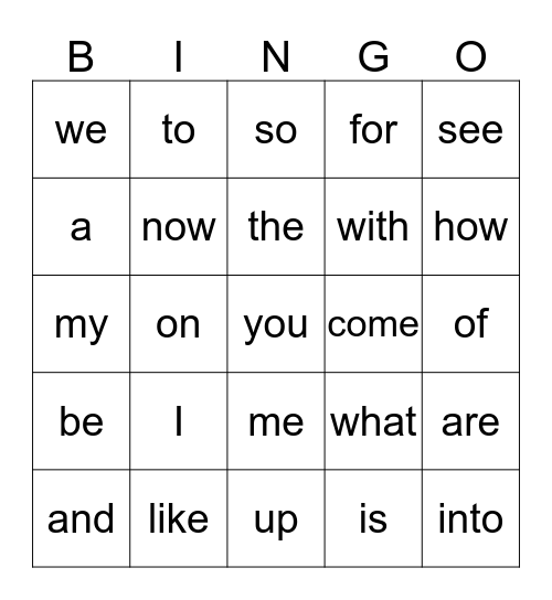 Sight Words Bingo Card