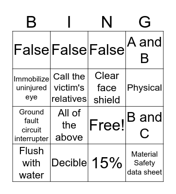 Shop Safety Bingo Card