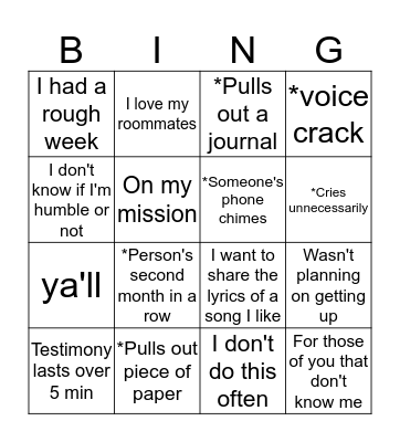 YSA Testimony Meeting Bingo Card