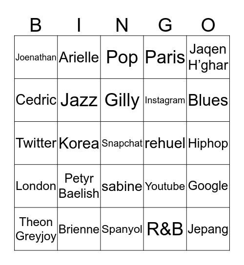 Naraya Bingo Card