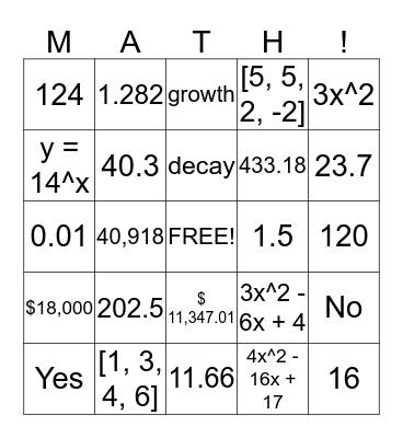 Function Fun Bingo Card