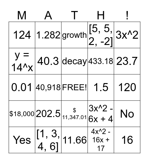 Function Fun Bingo Card