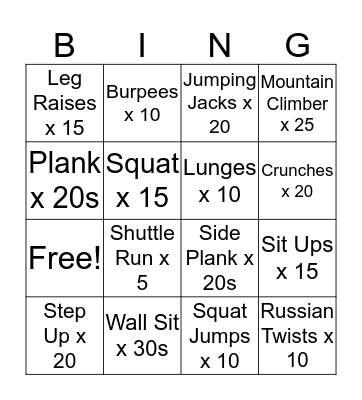 Fitness Bingo Card