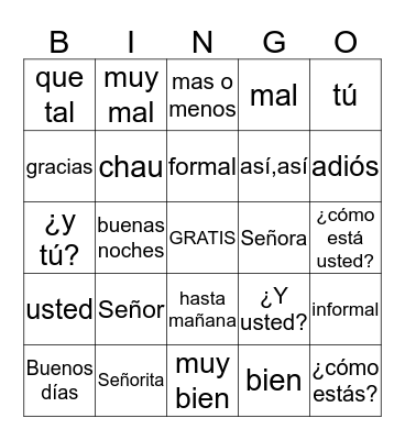 SPANISH GREETINGS Bingo Card