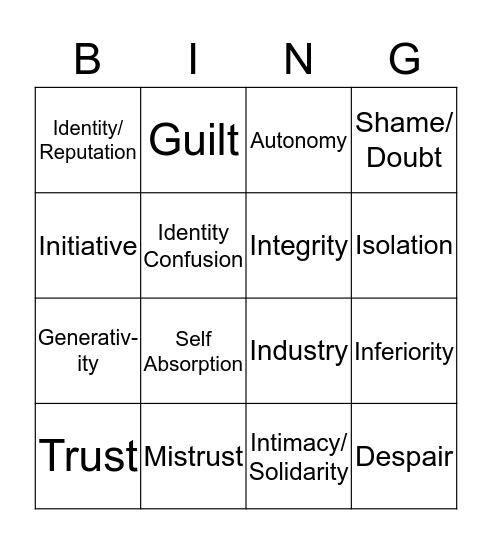 Psychosocial Development Bingo Card