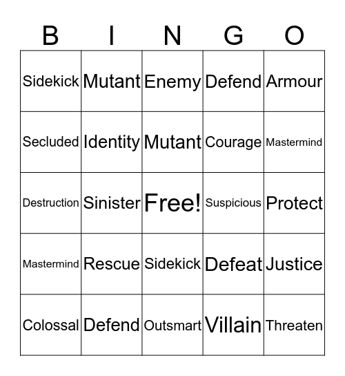 Superhero Vocabulary Bingo Card