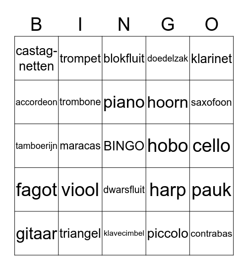 Muziekinstrumenten Bingo Card