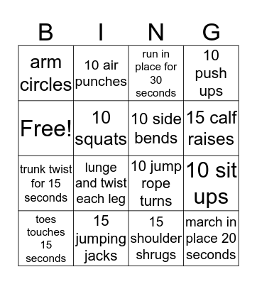 Fitness Bingo Card