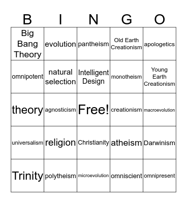 Basic Beliefs/Creation Vocabulary Bingo Card