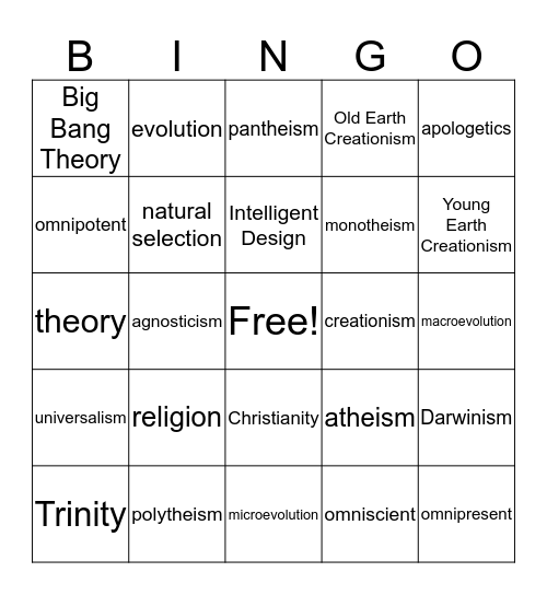 Basic Beliefs/Creation Vocabulary Bingo Card