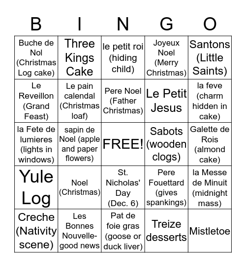 Christmas in France Bingo Card