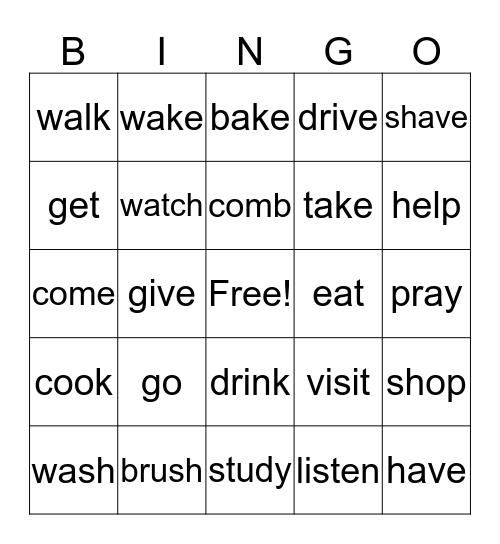 Present Tense Verbs Bingo Card