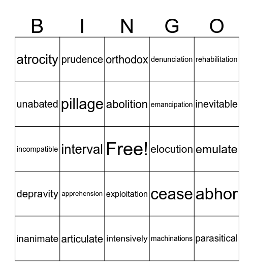 Driven Vocabulary B Bingo Card