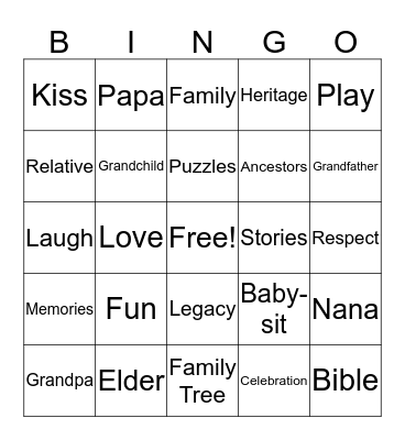 Grandparent's Day Bingo Card