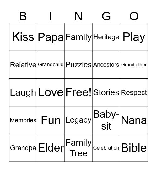 Grandparent's Day Bingo Card