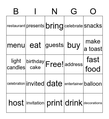 Planning a Party Bingo Card