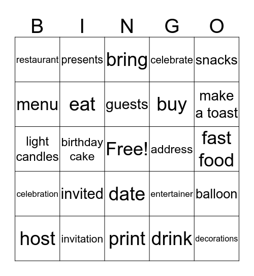 Planning a Party Bingo Card