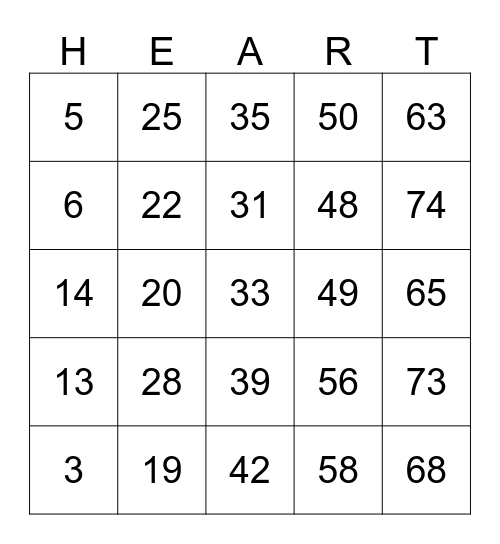 Valentine's HEART Bingo Card