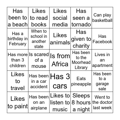 Student Mingle 2 Bingo Card