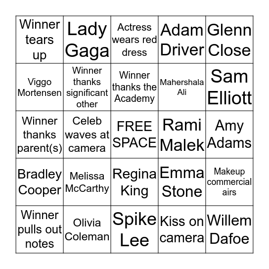 OSCAR BINGO 2019 Bingo Card