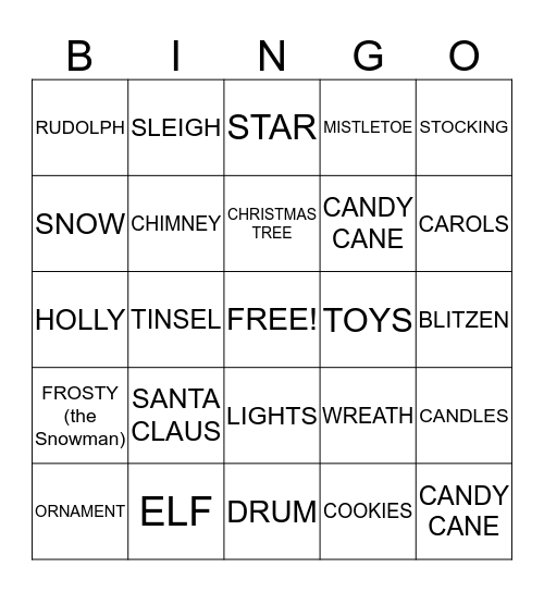 Holiday Words Bingo Card