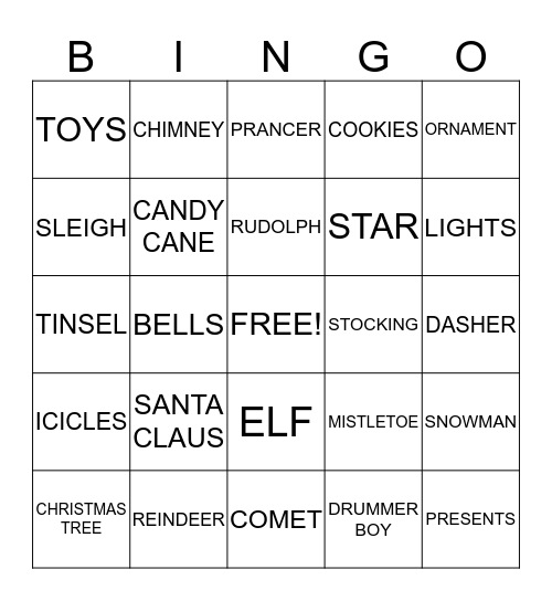 Holiday Words Bingo Card