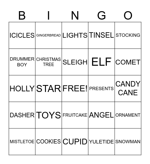 Holiday Words Bingo Card