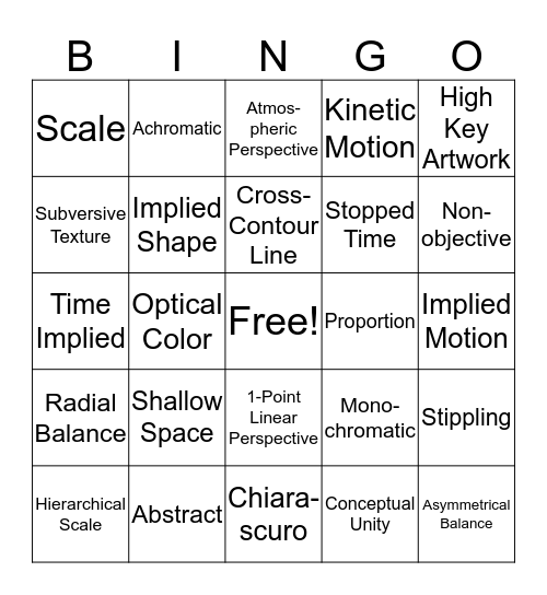 Visual Elements/Principles of Design Bingo Card