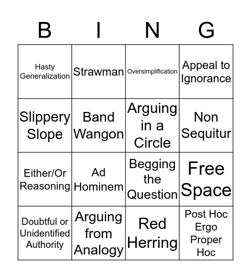 Logical Fallacy Bingo Card