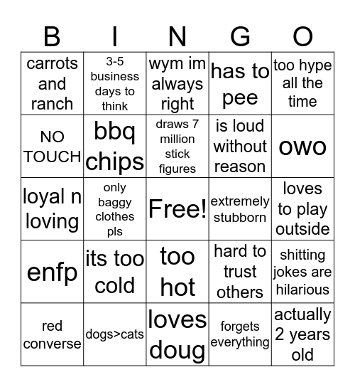 zoe Bingo Card