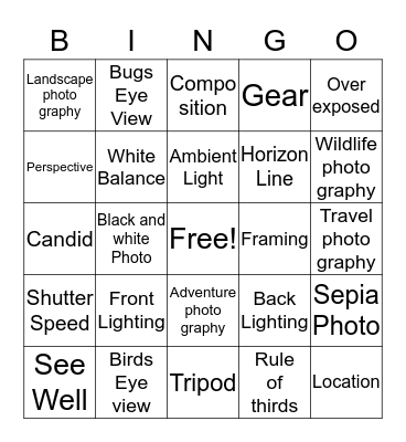 Photography Bingo Card