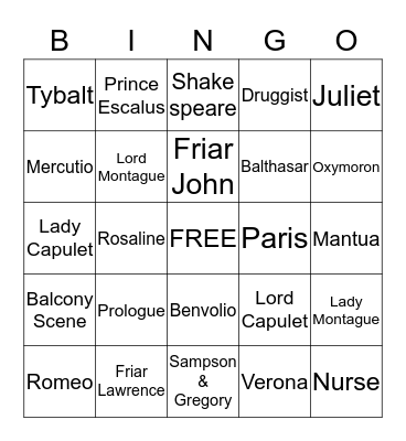 Romeo & Juliet Bingo Card