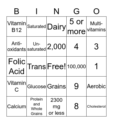 Nutrition Bingo Card
