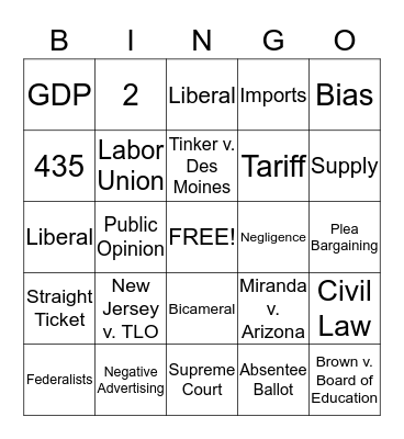 Civics Review Bingo Card